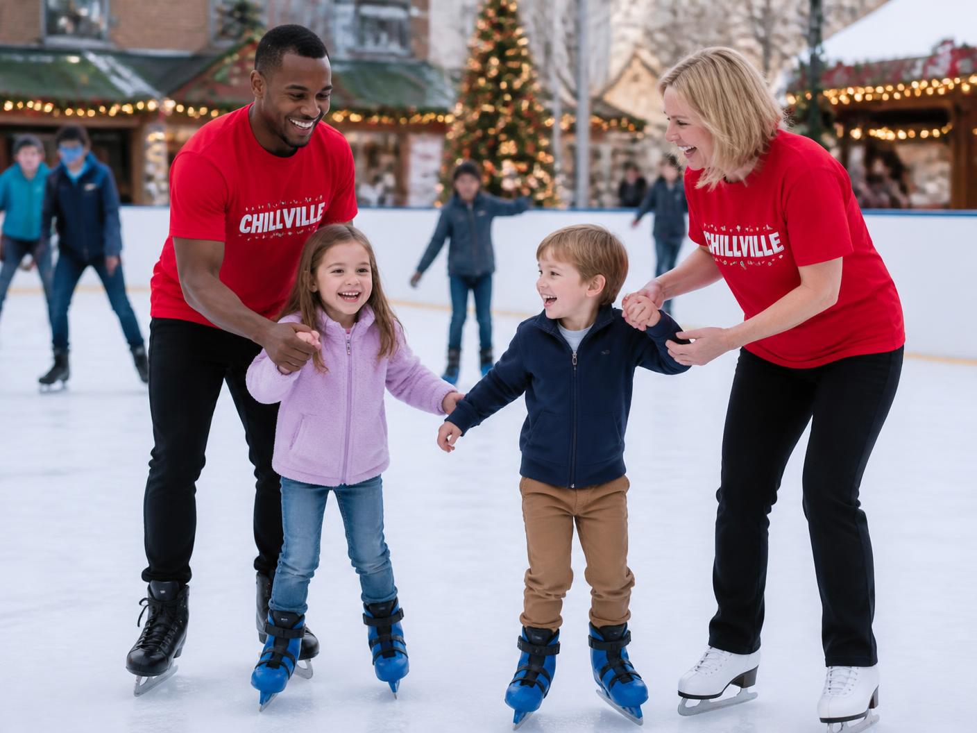 Two Chillville attendants in red shirts guiding two young skaters on the rink