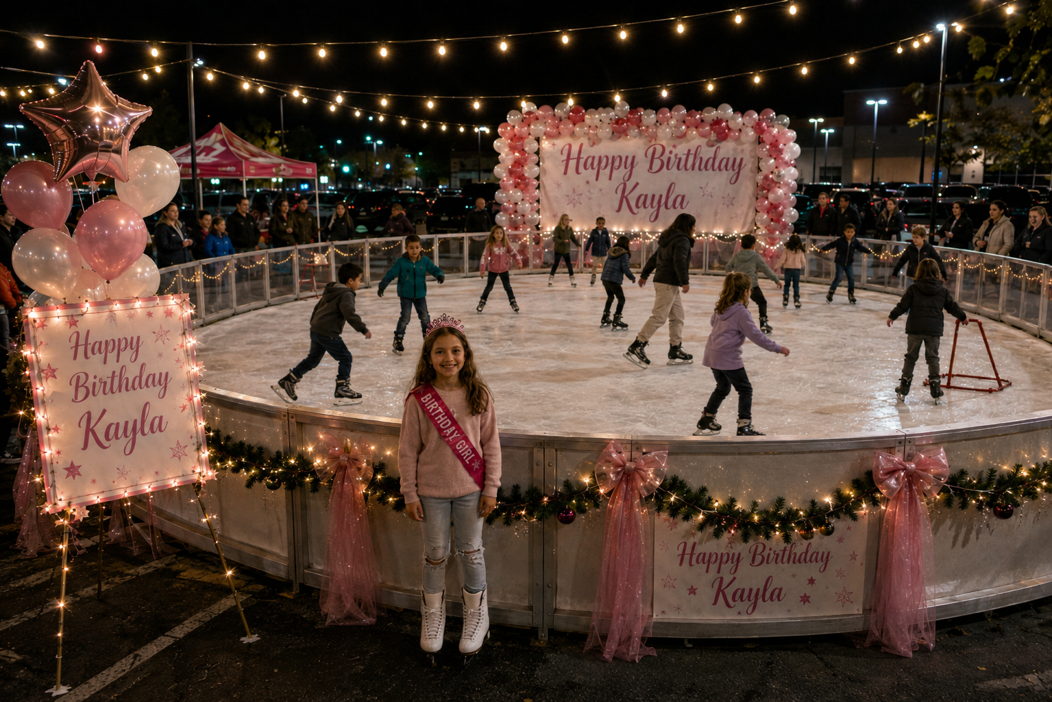 Private birthday party rink with pink decor and Happy Birthday backdrop