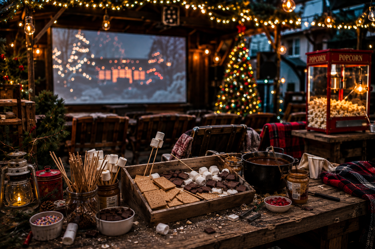 Rustic s'mores and cocoa station with popcorn cart in front of an outdoor holiday movie screen