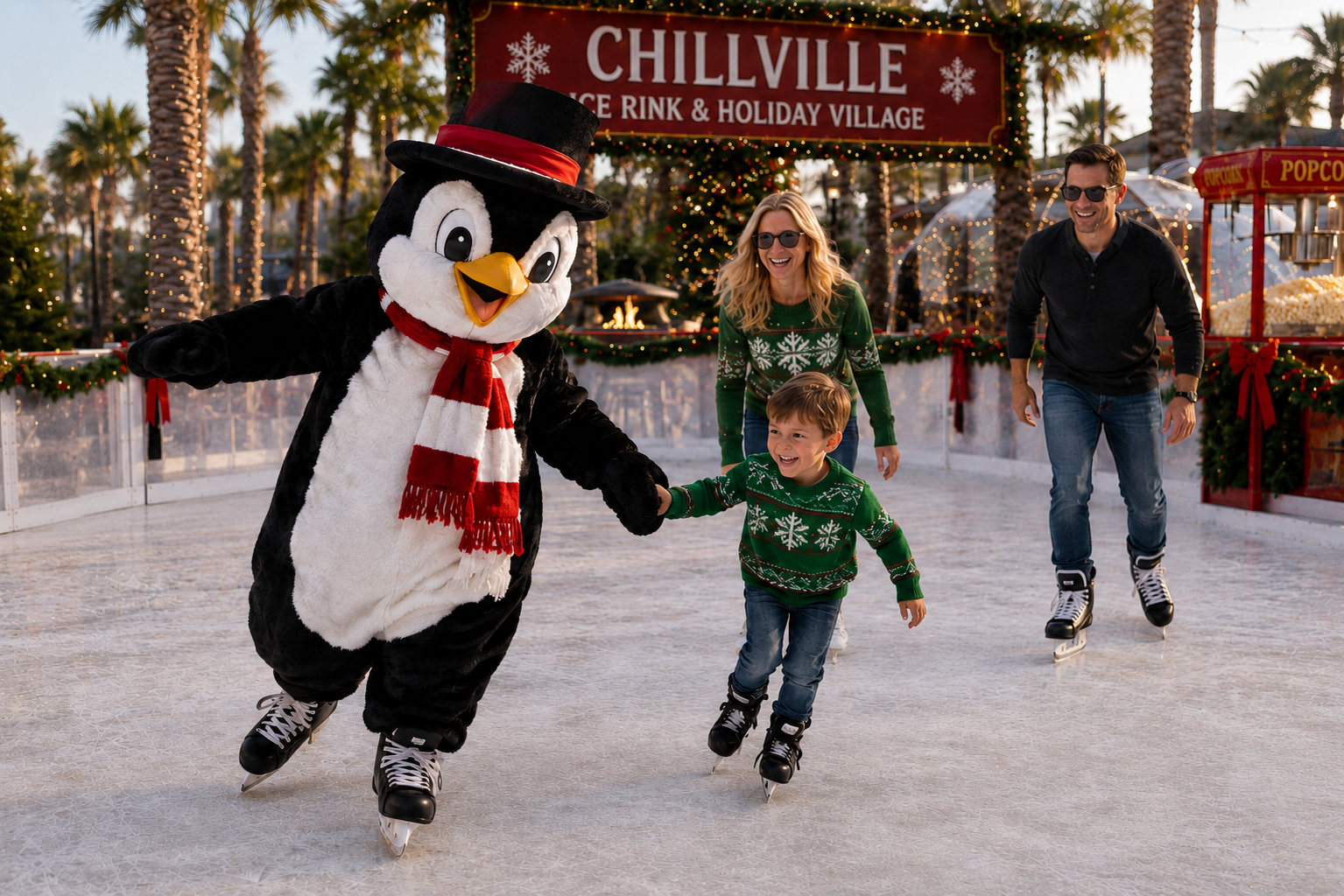Chillville penguin mascot skating with a family under the Chillville Ice Rink & Holiday Village sign