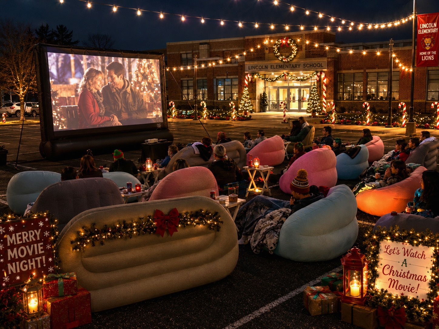 Outdoor holiday movie night with families in inflatable loungers at a school lot
