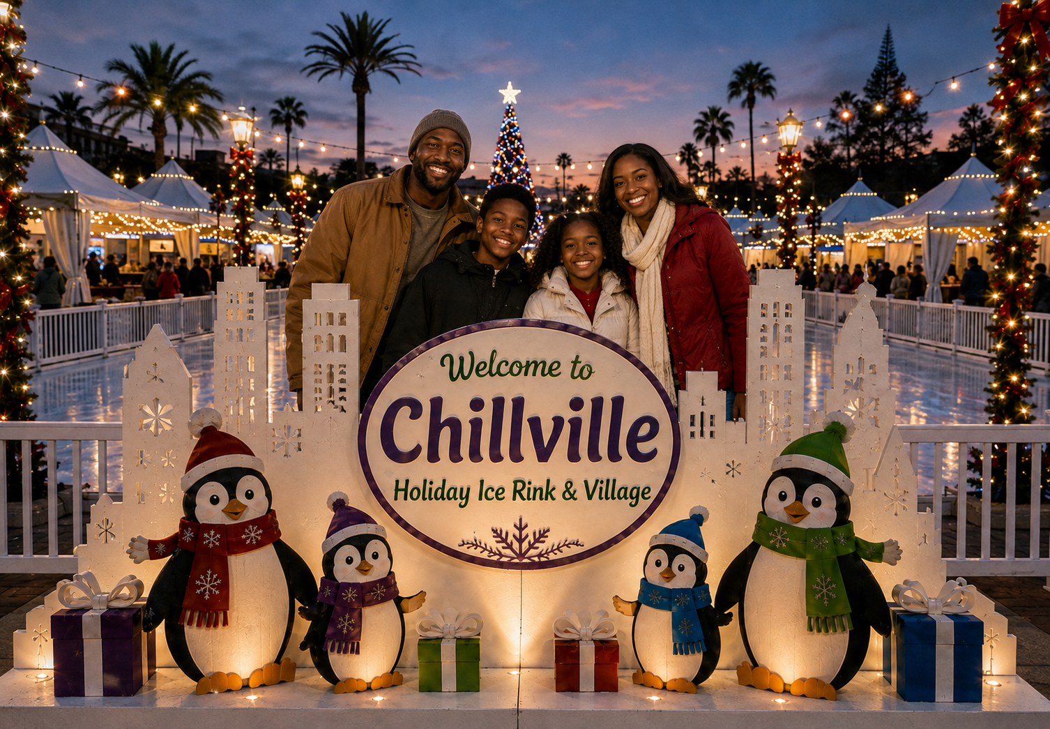 Family posing at the Welcome to Chillville sign with penguin cutouts