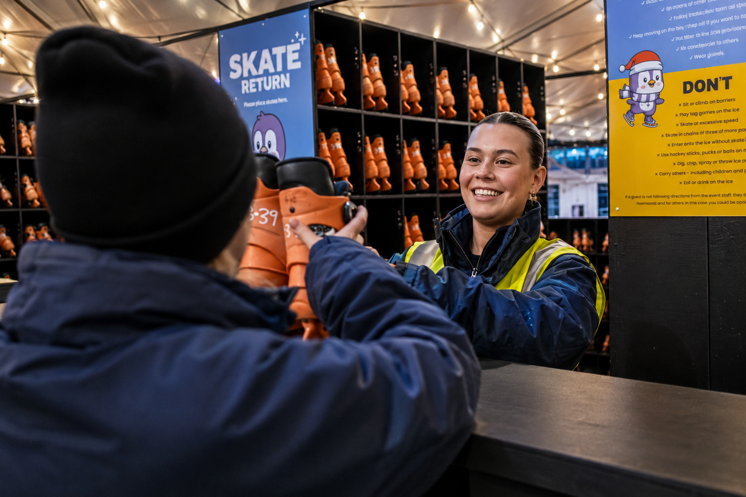 Smiling attendant handing skates to a guest at the Chillville skate rental counter