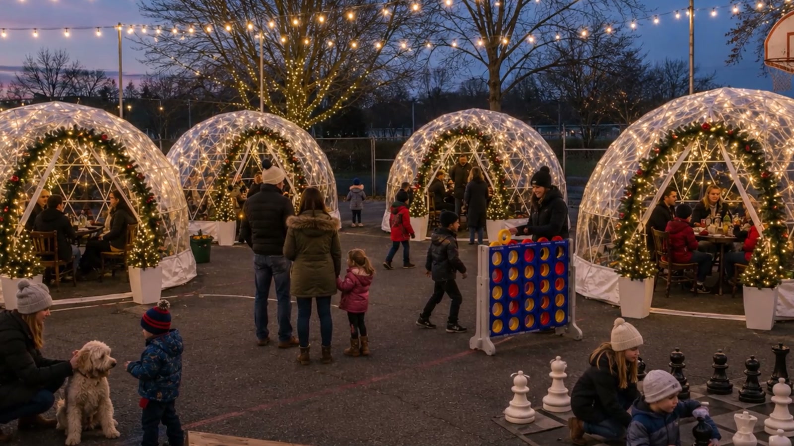 Families dining in lit VIP igloos with giant lawn games at Chillville