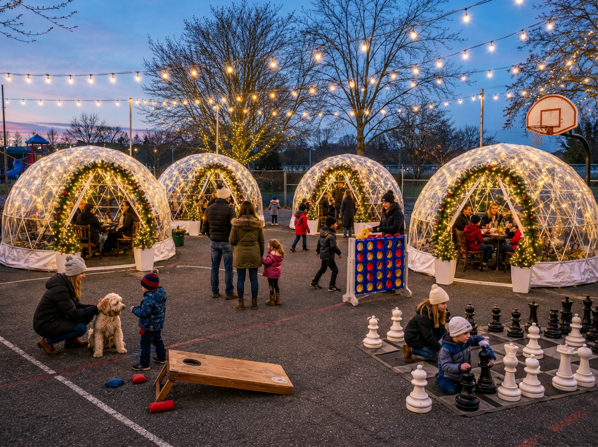 VIP holiday igloos and lawn games glowing at night