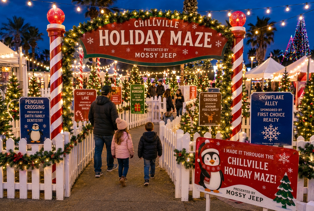 Holiday maze entrance with candy cane pillars