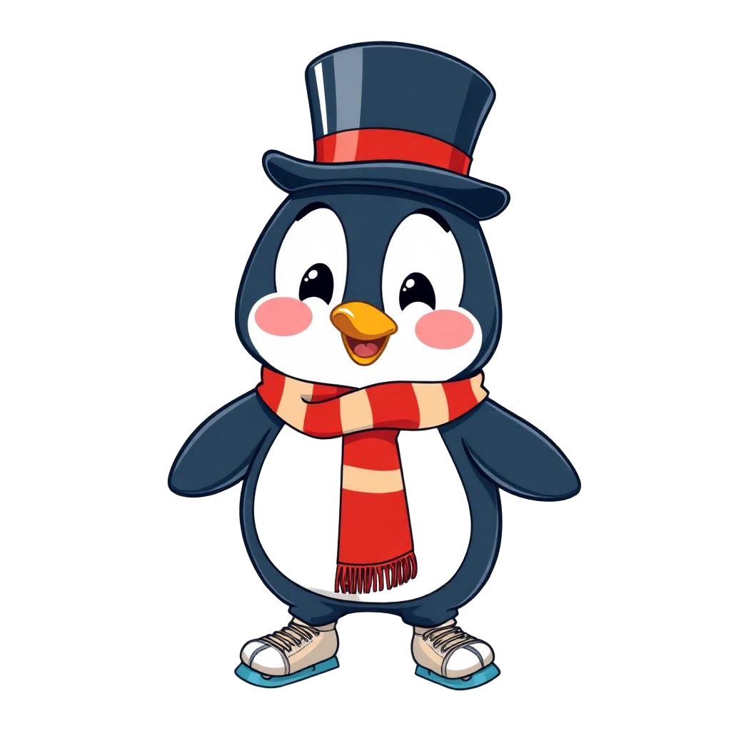 Chillville penguin mascot wearing a red-and-white scarf and black top hat