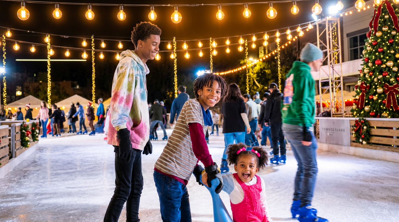 Skaters gliding on the Chillville rink beneath strings of festive lights
